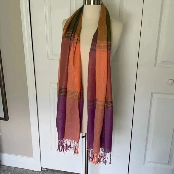 Pashmina Scarf purple, green and peach tones - Picture 1 of 5